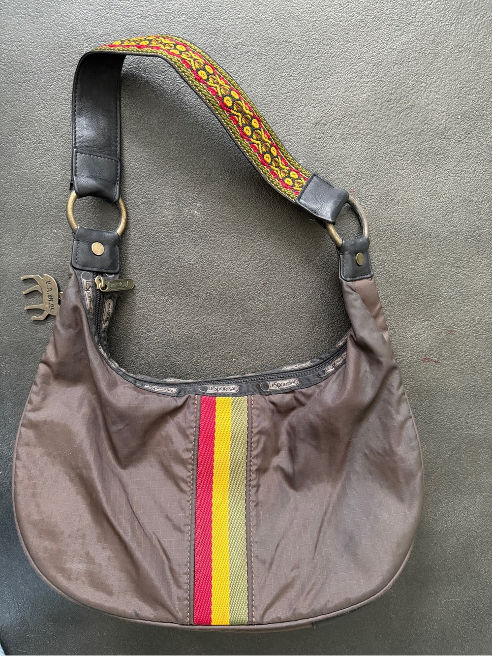 L.A.M.B. x LeSportsac Guitar Strap Teak Rasta Hobo Shoulder Bag Y2K Brown